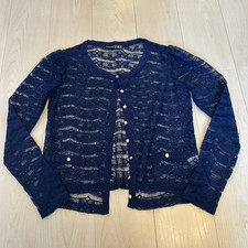 Primark Dark Navy Blue Cardigan Lace Fabric White Buttons Atmosphere | Size 8