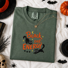 Black Cat Embroidered Shirt, Halloween Cat Te...
