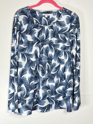 Chicos Shirt Womens 3 XL Blue White Leaf Print Textured Long Sleeve
