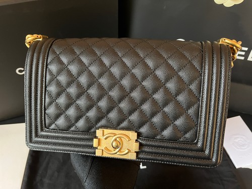 Chanel Medium Boy Flap Black Caviar Leather Gold HW Shoulder Bag Auth