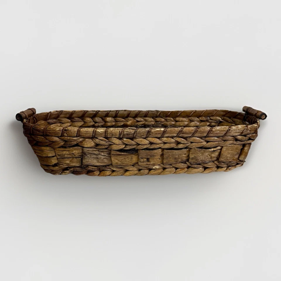 Rattan Storage Bin Basket Modern Decor Wood Handle 18in x 7in x4in UNIQUE DESIGN - Image 3 of 4