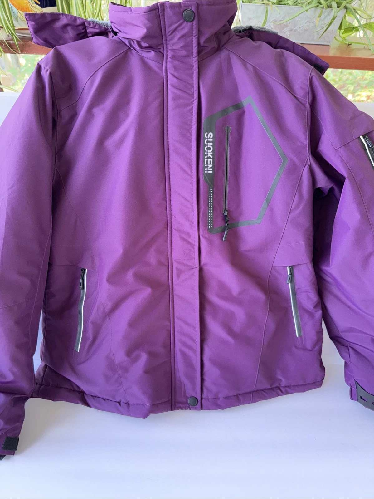 Suokeni Women’s Waterproof Hooded Ski Jacket. Size L Purple Color