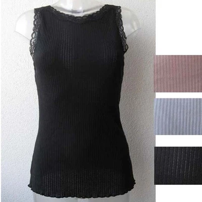 Hanro Iris Top Schwarz Rosa Damen Sommer-Shirt Baumwolle Seide Spitze Unterhemd - Bild 1 von 4