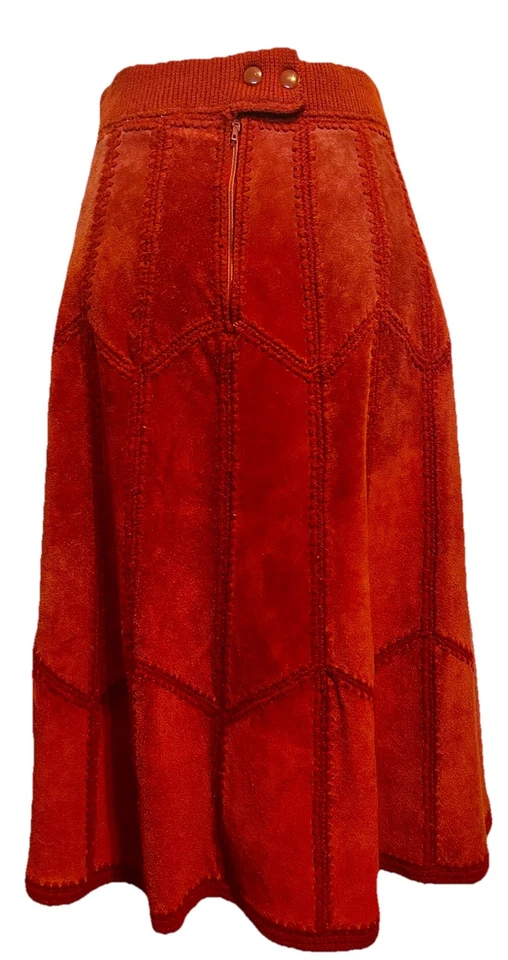 Vintage Suede Split Leather A-Line Midi Skirt Boho Hippie Festival Small Orange - Image 2 of 4