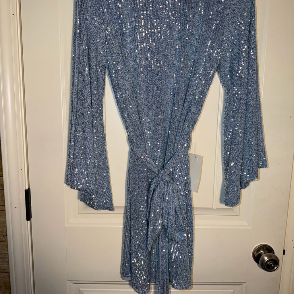 Jay Godfrey Sequin Long Sleeve Tie Waist Mini Dress, Ice Blue, photo 2
