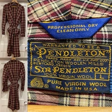 Vintage Sir Pendleton Robe Large Mens Red Plaid 100% Virgin Wool Belted Pockets