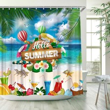 Summer Beach Shower Curtain Tropical Ocean Colorful Drink Palm Tree Leaves Fl...