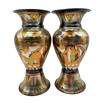 Vintage Egyptian Revival Copper Plated Vase Set Pharaoh Motif Hieroglyph Decor