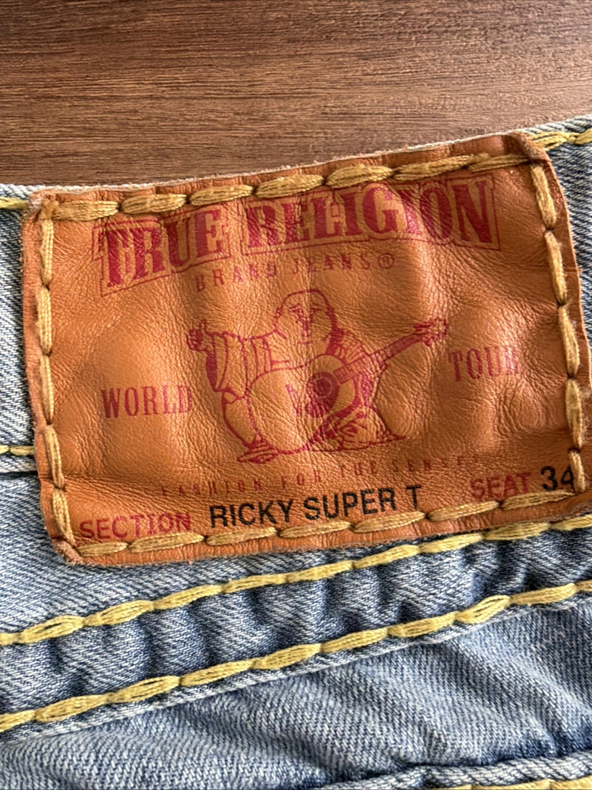 True Religion Ricky Super T Jeans Mens 38 Blue Denim Yellow Stitch Vintage Y2K image 4