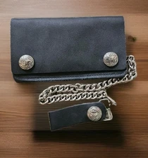 Black Leather Trucker Wallet Buffalo Nickel Snaps Chain USA Made Durable