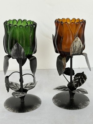 Vintage Tulip Glass Candle Holders Amber Green Metal Flower Pair Retro