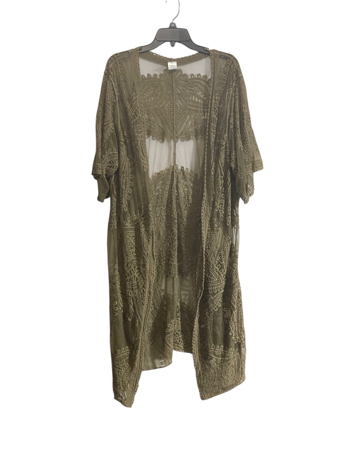 Sheer Mesh Duster Kimono Cardigan L/XL Boho Festival Floral Embroidery Green