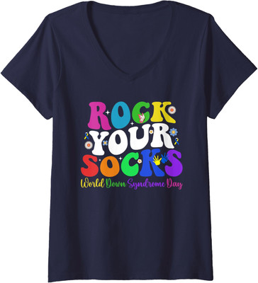 Groovy Rock Your Socks Down Syndrome Awareness Day Ladies' V-Neck Tshirt