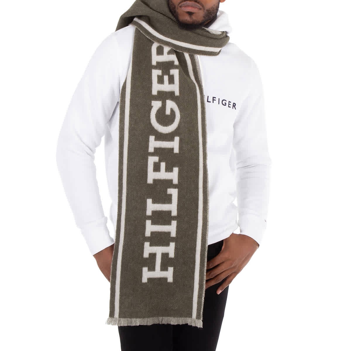 Шерстяной жаккардовый шарф с надписью Tommy Hilfiger Monotype - Зеленый 7090₽