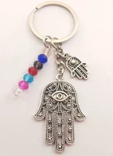 Silver Hamsa Evil Eye Multi Coloured Bead Keyring Key Ring Chain Hand Mati Stone