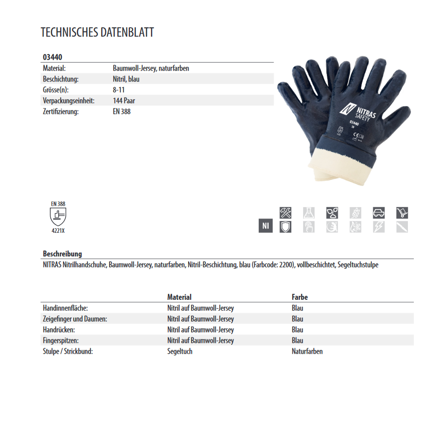 NITRAS Nitrilhandschuhe, naturfarben, Nitril-Beschichtung, 3/4-beschichtet, blau, VE = 12 Paar