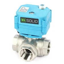 U. S. Solid 3 Way T Type Motorized Ball Valve w/ Hand Wheel 1in SS 9-24V