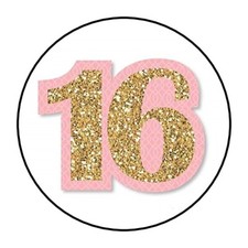 30 Sweet 16 Birthday party stickers favors labels round pink NOT REAL GLITTER