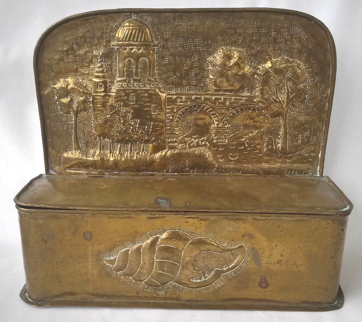18th Century English/Dutch Brass Repousse Lidded Candle Box, Table/Wall Mounted