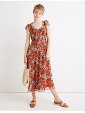 Madewell $148 Sheer Cap Sleeve Button-Front Floral Print Midi Dress Rust Size 12