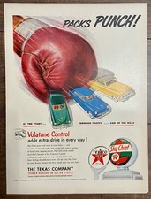 Original Texaco Ad: 1950s Packs PUNCH! Series, Yellow Green Blue  Vintage Car