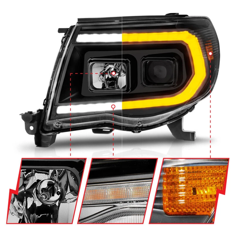 For 05-11 Toyota Tacoma Anzo Projector Headlights W/ Light Bar Switchback Black - Изображение 3 из 4