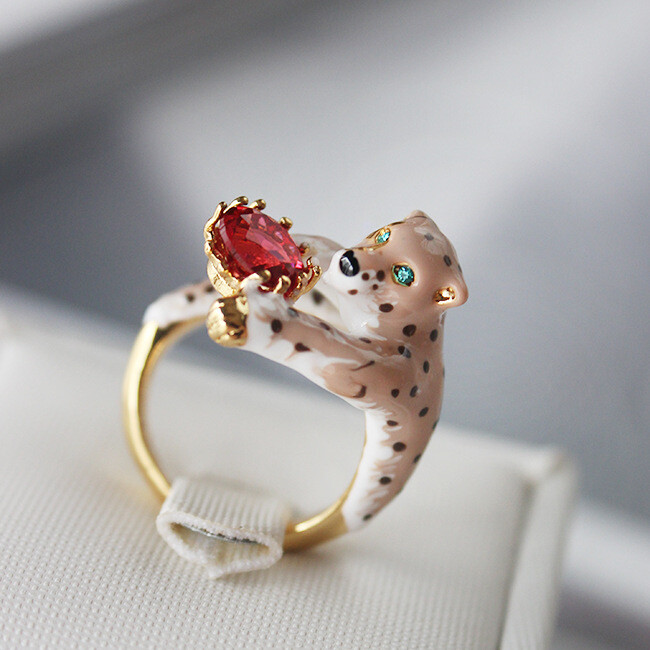 Chevalière Panthère Rouge Bague Ajustable Émail Rose et Yeux Verts