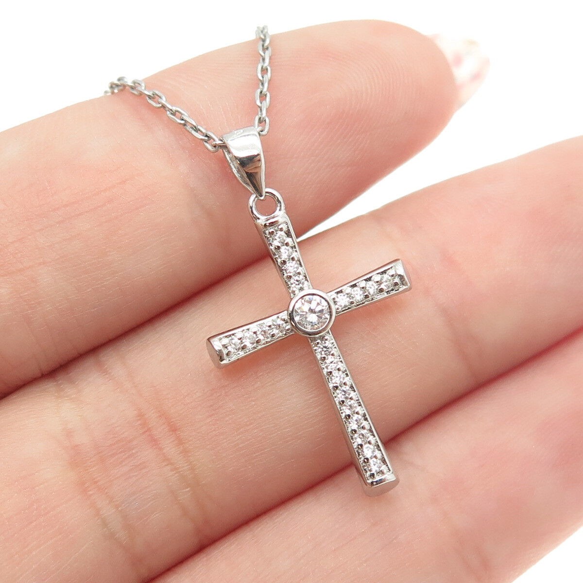 925 Sterling Silver Italy Round-Cut C Z Cross Cable Chain Necklace
