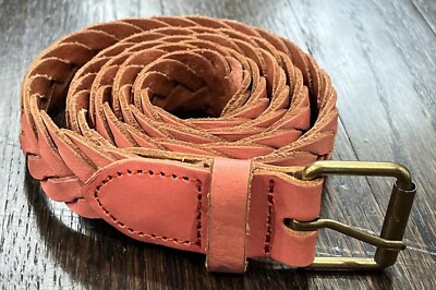Brown Belt XS/S Woven Braided Peach Orange 100% Leather 90s