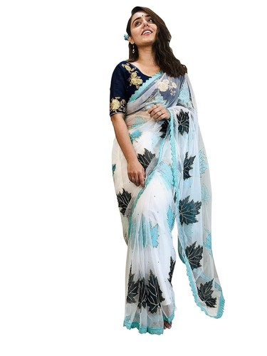 Women's Net Embroidery Patch work Saree for Special Festival - Picture 11 of 27