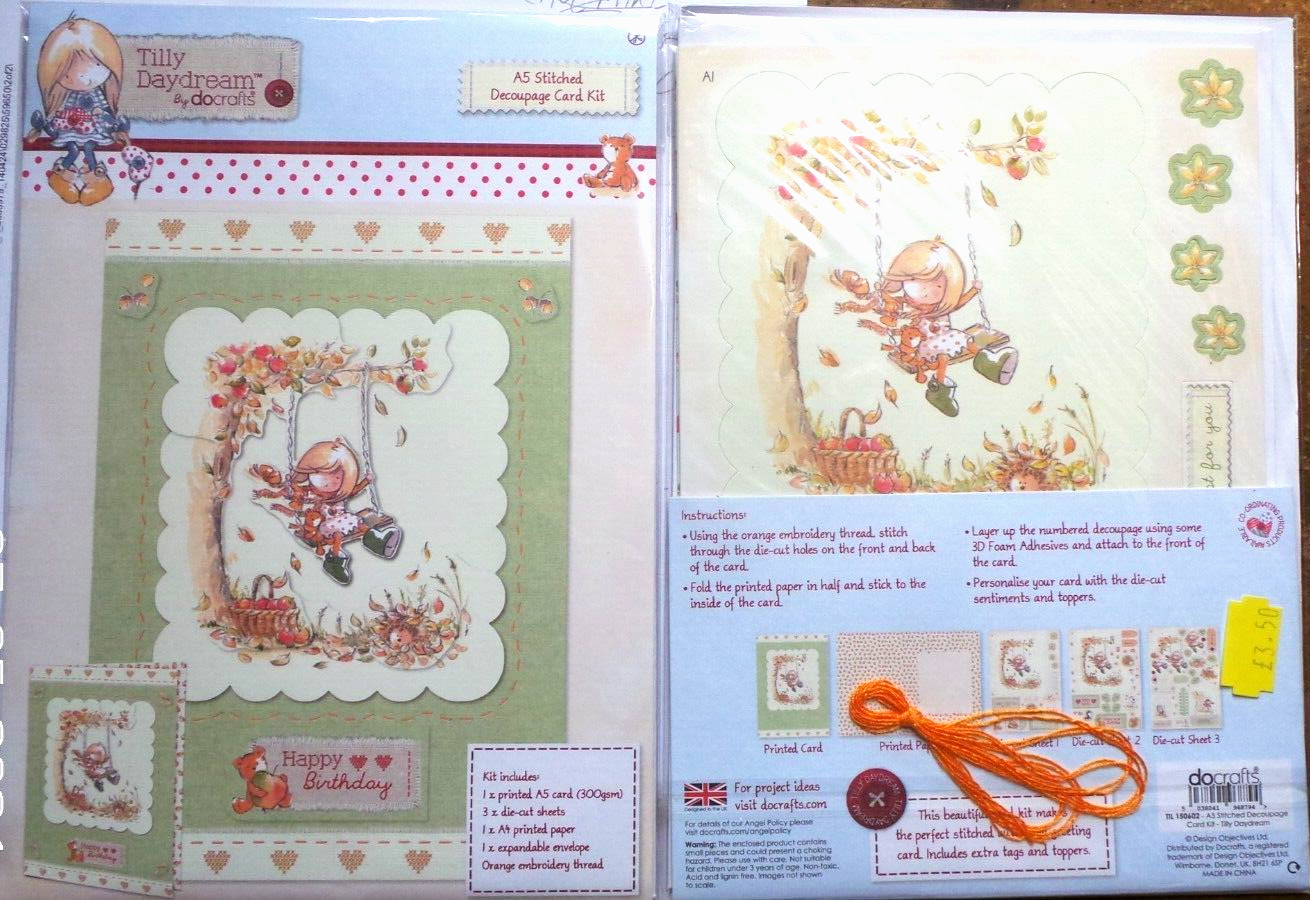 Docrafts Tilly Daydream A5 Decoupage Embroidery Card Kit Apples Tree Girl Swing