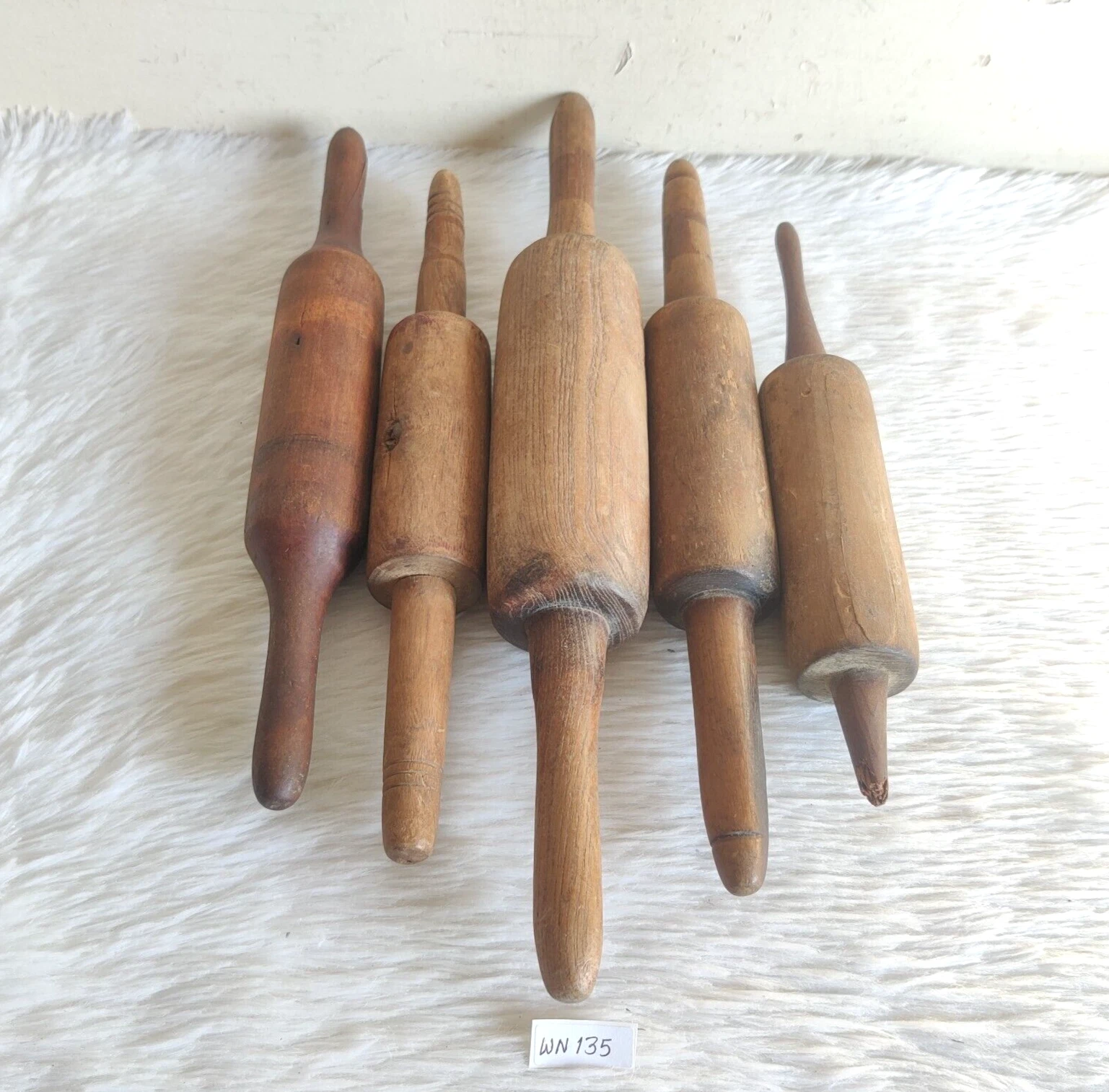 Antique Primitive Handmade Tortilla Bread Bakers Wooden Rolling Pin 5Pcs WN135