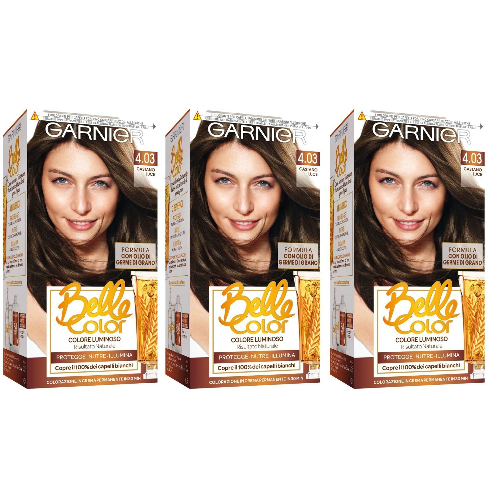 3 pz GARNIER BELLE COLOR Colorazione Permanente per capelli 4.03 Castano Luce