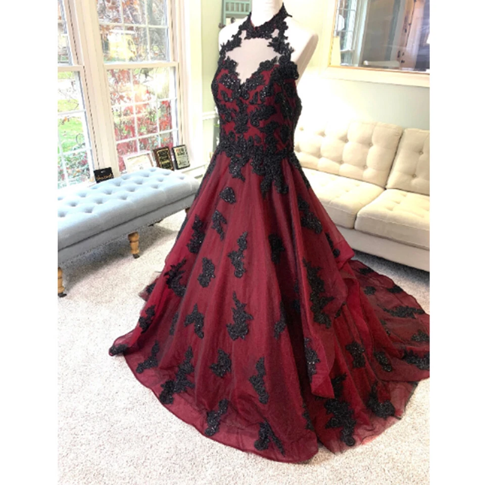 Gothic Red Black Wedding Dress Halter Neck Sleeveless Lace Applique Bridal Gowns - Image 3 of 4