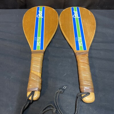 Jokari Pro Set Wood Racquet Ball Paddles Kyle Rote Jr Vintage 70's Good Shape