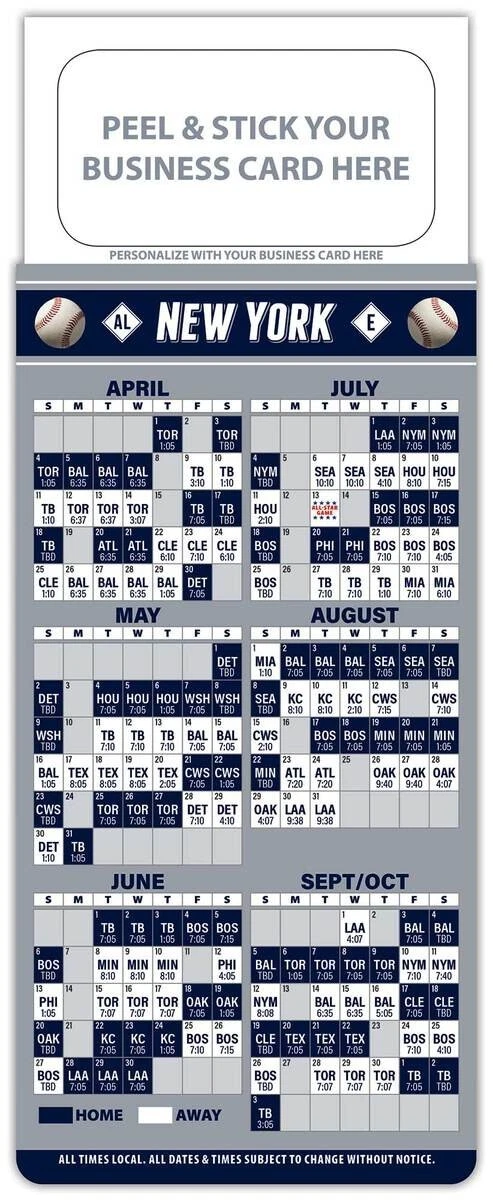 New York Yankees Baseball Schedule Magnet - Peel and Stick Business Card  (3.5x9)