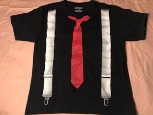 black dress shirt with white suspenders