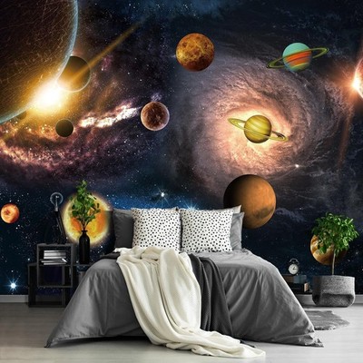 Kids Planet Galaxy Backdrop Solar System Starry Night Sky Ceiling Wallpaper