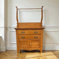 Antique Oak Washstand Cabinet w Towel Bar Primitive Farmhouse Bathroom Sideboard
