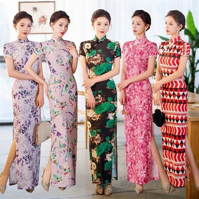 Women Faux Silk Dress Chinese Cheongsam Long Prom Qipao Slim Long Dress Stage