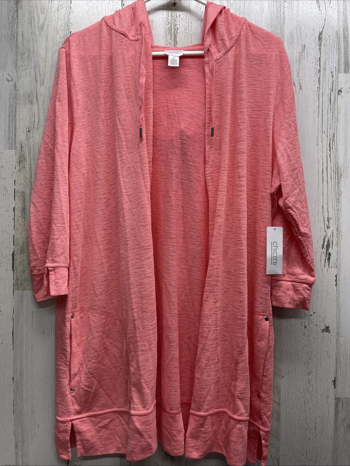 NEW Chicos Open Knit Hooded Cardigan Pink Drawstring Beach Lounge