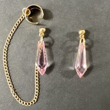Pink Teardrop Icicle Prisms Single Cuff Earring Set Vintage Gold Tone Earrings
