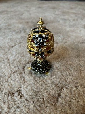 Egg Trinket Box Enameled Rhinestone Black Gold Orange