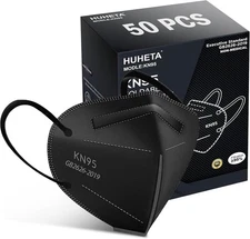 HUHETA 50 PCs KN95 Face Mask, 5-Layer Mask Filter Deep Black 