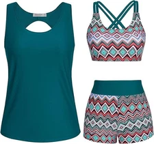 JASAMBAC Women Tankini Swimsuits 3 Piece Swimwear, 2XL