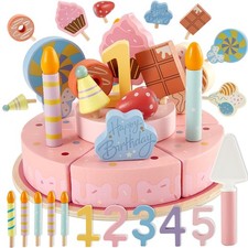 HERSITY Wooden Birthday Cake Play Set, Wooden Food for Play Kitchen Toy Tea S...