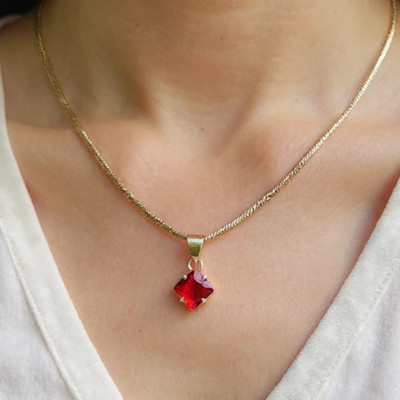 Square Ruby Pendant 10-15ct | Free Silver Chain | Natural Red Stone Necklace