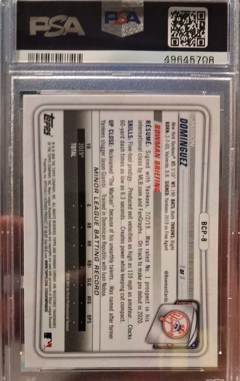 2020 Bowman Chrome Jasson Dominguez #BCP8 Bowman 1st Mojo PSA 10 view 2
