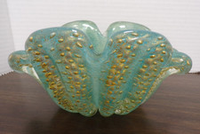 Murano Italian Seafoam Green Ribbed Vase with Gold Flecks and Bubbles Gorgeous 