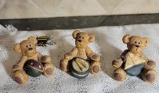 VTG Blossom Bucket  SUZI SKOGLUND S/3 BEAR Figurine Ball Drum Boat SIGNED 1.75"H